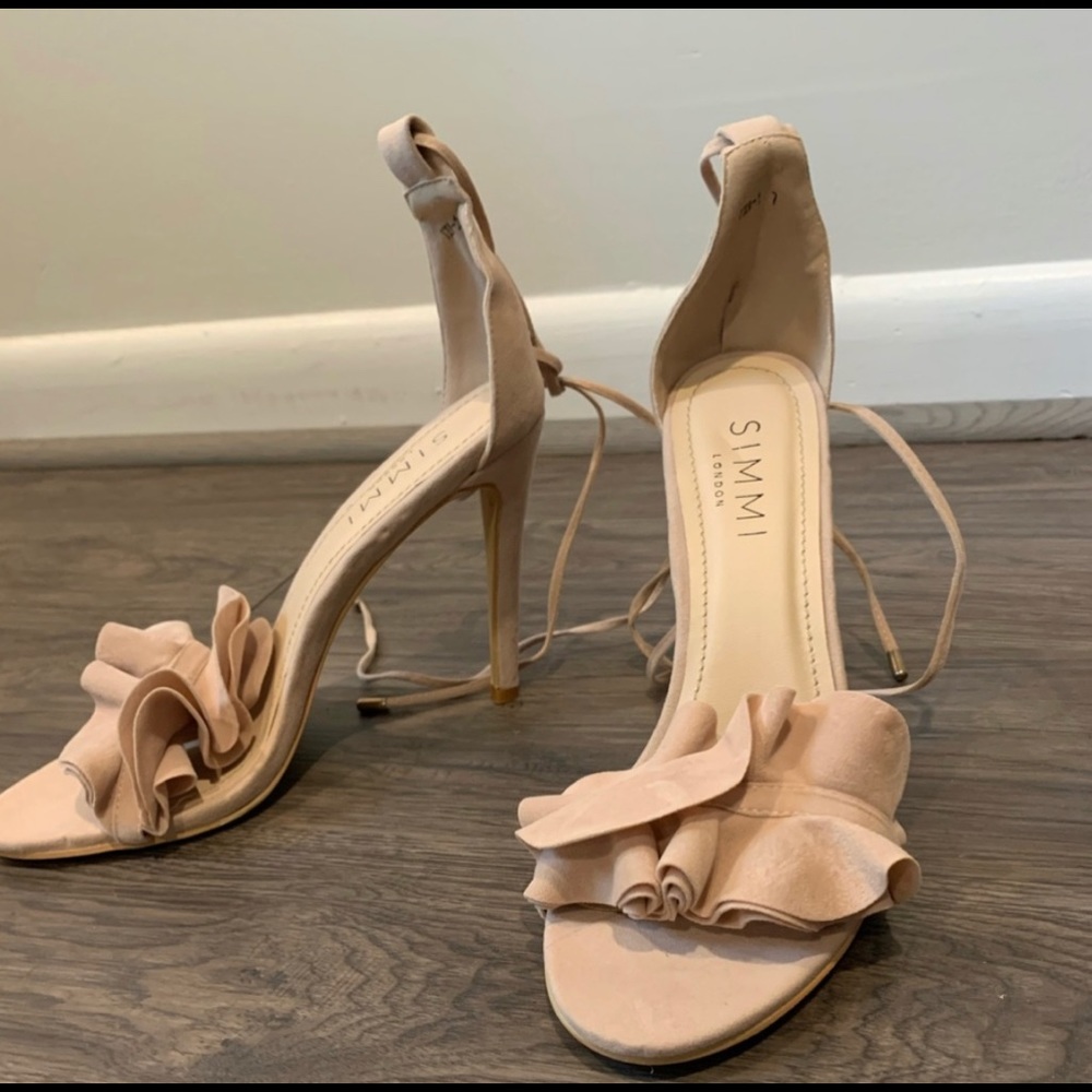Lace up faux suede ruffle sandals